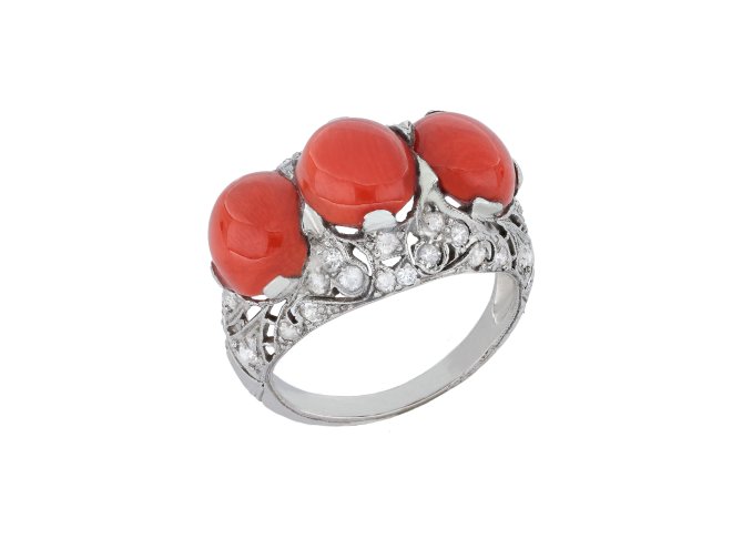 Coral and diamond cluster ring berganza hatton garden