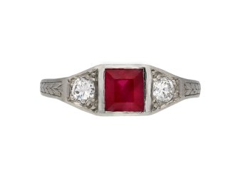 Art Deco Burmese ruby diamond three stone ring berganza hatton garden