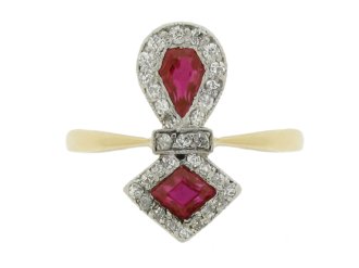 front view Edwardian ruby and diamond cluster ring, circa 1905. 