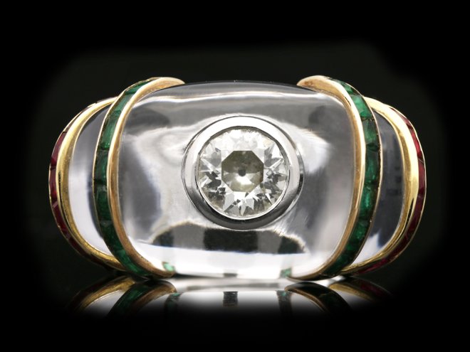 Rene Boivin vintage diamond, emerald and ruby ring in rock crystal, French, circa 1950.