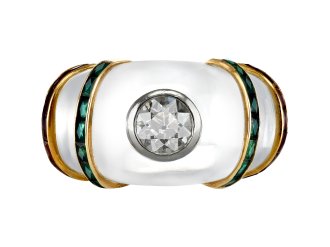 Rene Boivin vintage diamond, emerald and ruby ring in rock crystal, French, circa 1950.