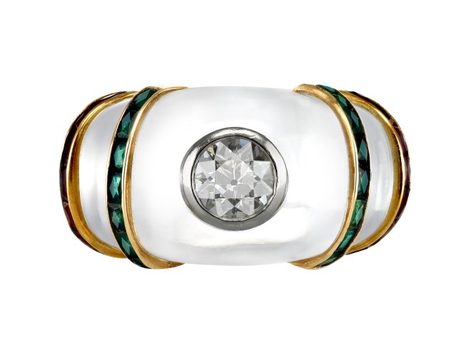 Rene Boivin vintage diamond, emerald and ruby ring in rock crystal, French, circa 1950.