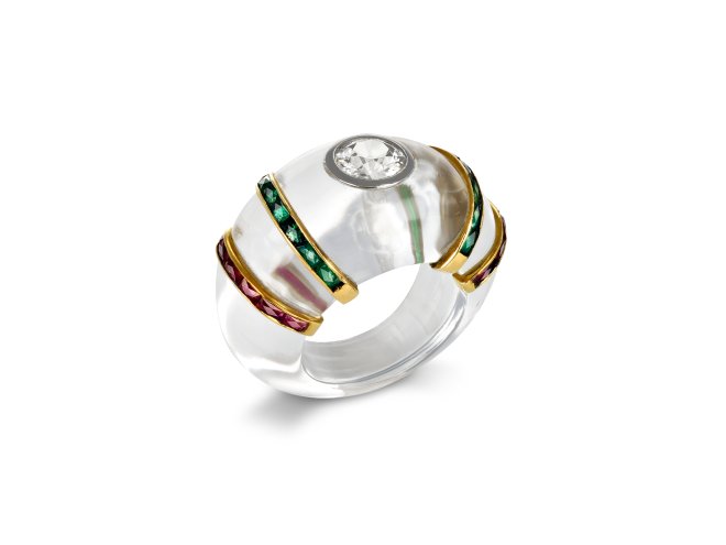 Rene Boivin vintage diamond, emerald and ruby ring in rock crystal, French, circa 1950.