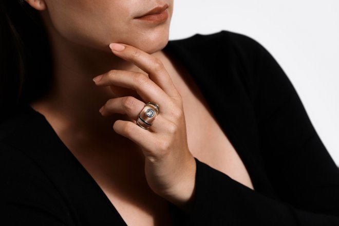 Rene Boivin vintage diamond, emerald and ruby ring in rock crystal, French, circa 1950.