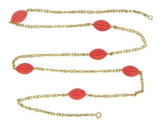 Fluted coral and gold necklace, French, circa 1970.