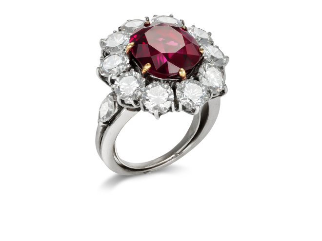 Vintage ruby and diamond coronet cluster ring, circa 1960.