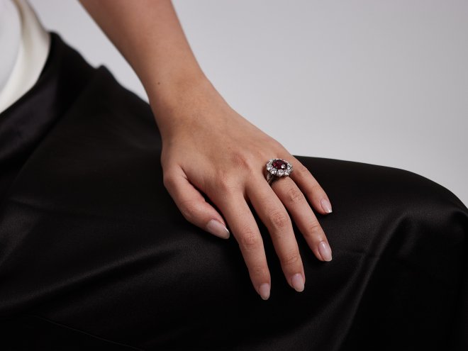 Vintage ruby diamond coronet cluster ring berganza hatton garden