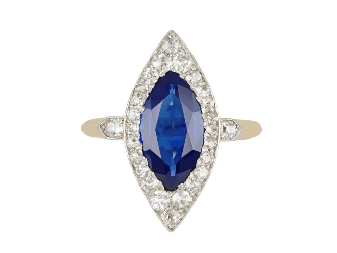 Edwardian sapphire and diamond coronet cluster ring, circa 1910.