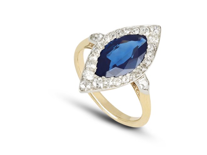 Edwardian sapphire and diamond coronet cluster ring, circa 1910.