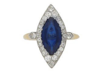 front view Antique marquise sapphire and diamond cluster ring