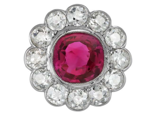 Burmese ruby and diamond coronet cluster ring, circa 1910.