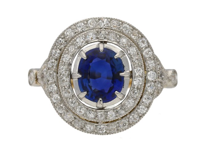 front view Antique sapphire diamond ring berganza hatton garden