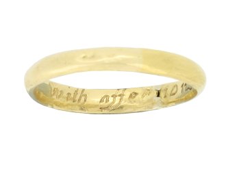 Post Medieval gold posy ring 'Armed with affection', circa 18th century.