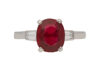 front view Pigeon blood Burmese ruby and diamond engagement ring, circa 1935. berganza hatton garden