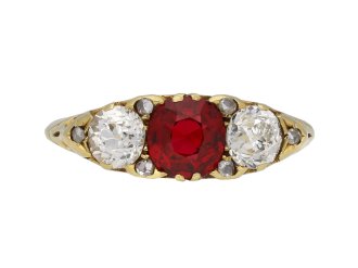 Victorian Burmese red spinel and diamond three stone ring, circa 1900.   