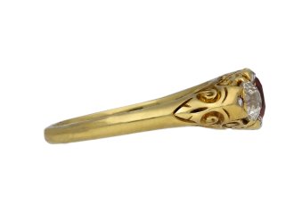 Victorian Burmese red spinel and diamond three stone ring, circa 1900.   