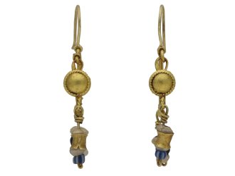 Ancient Roman gold and glass bead earrings, circa 2nd century AD.