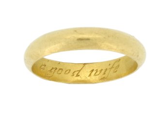 Gold posy ring 'Noe joy in life like a good wife', circa 18th century. 