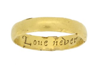 Georgian gold posy ring 'Loue never dies where vertue lies', circa 18th century.