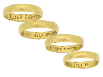 Georgian gold posy ring 'Loue never dies where vertue lies', circa 18th century.