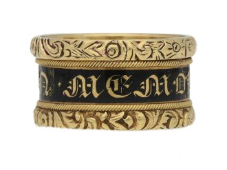 Georgian black enamel mourning ring, English, circa 1822. 