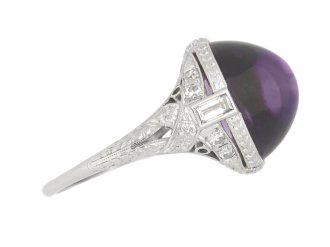 side view Cabochon amethyst and diamond cluster ring, circa 1920.