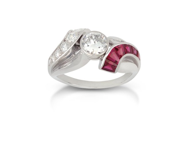 Vintage diamond and ruby ring, circa 1940.     