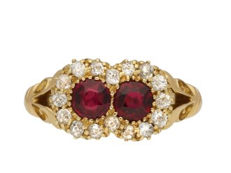 Albert Sydenham antique ruby and diamond double cluster ring, English, circa 1904. Hatton Garden