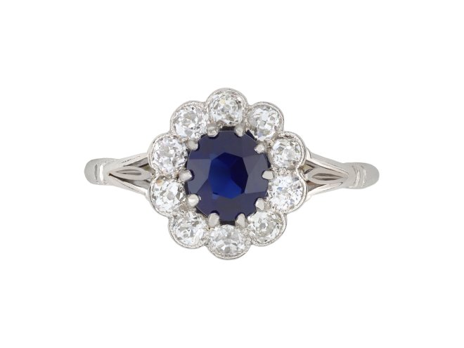 Antique sapphire and diamond coronet cluster ring, circa 1910.    