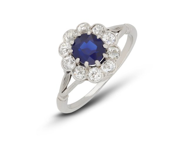 Antique sapphire and diamond coronet cluster ring, circa 1910.    