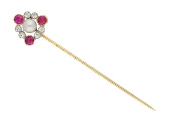 front view Antique natural pearl, ruby and diamond pin, circa 1905.   