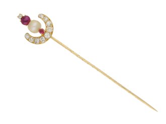 front view Antique natural pearl, ruby and diamond pin, circa 1900.   