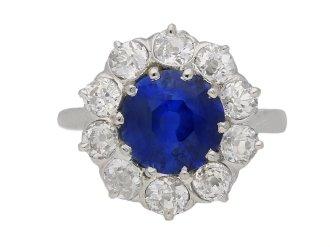 Burmese sapphire and diamond coronet cluster ring, French, circa 1910.