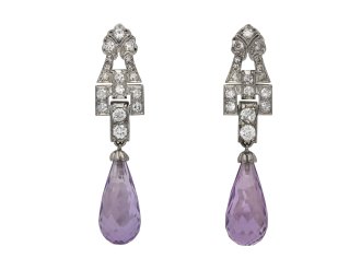Art Deco amethyst and diamond drop earrings, circa 1925.