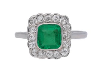 front view Antique emerald and diamond cluster ring berganza hatton garden