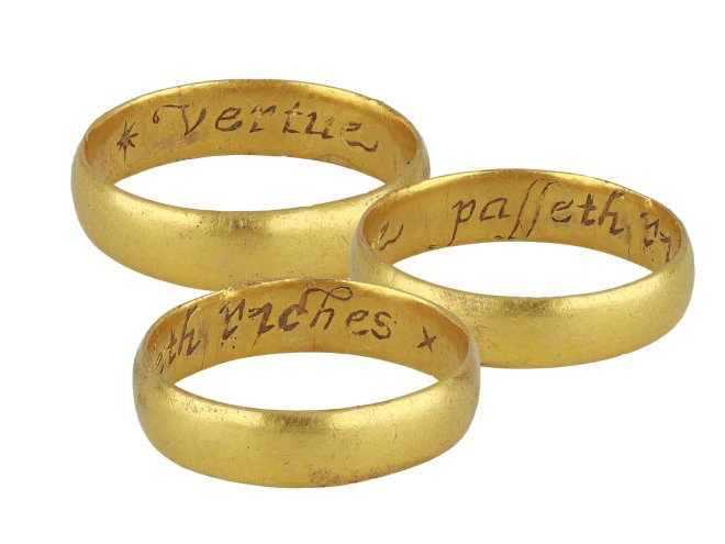 Stuart gold posy ring 'Vertue passeth riches', circa 17th century.