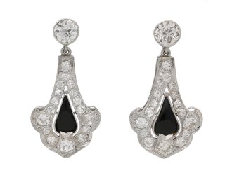 front view Art Deco onyx diamond earrings berganza hatton garden