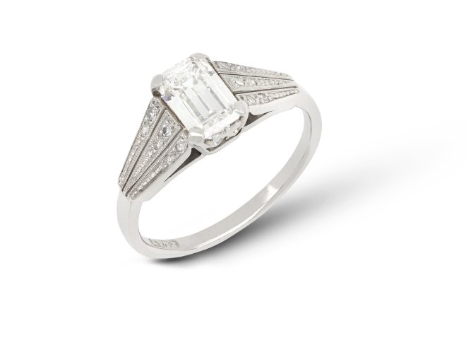 Art Deco emerald cut diamond ring, English, circa 1935.