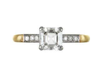 Vintage Asscher cut diamond ring, circa 1950.