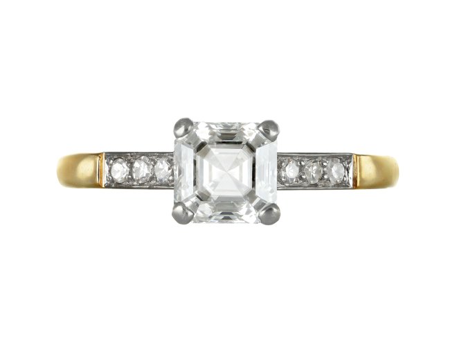 Vintage Asscher cut diamond ring, circa 1950.