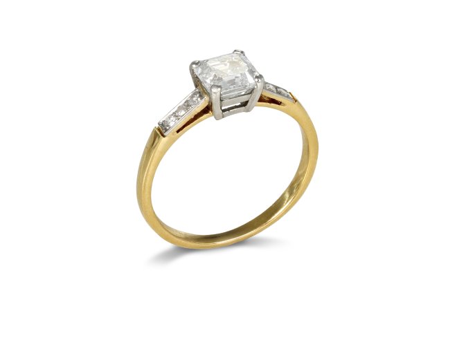 Vintage Asscher cut diamond ring, circa 1950.