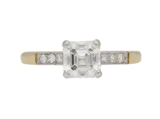 Vintage Asscher cut diamond ring, circa 1950.