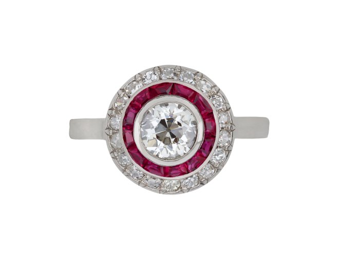 Antique diamond and ruby target ring, French, circa 1905.