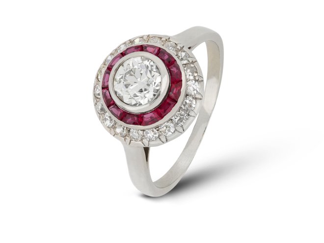 Antique diamond and ruby target ring, French, circa 1905.