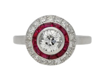 front view Antique diamond ruby target ring berganza hatton garden