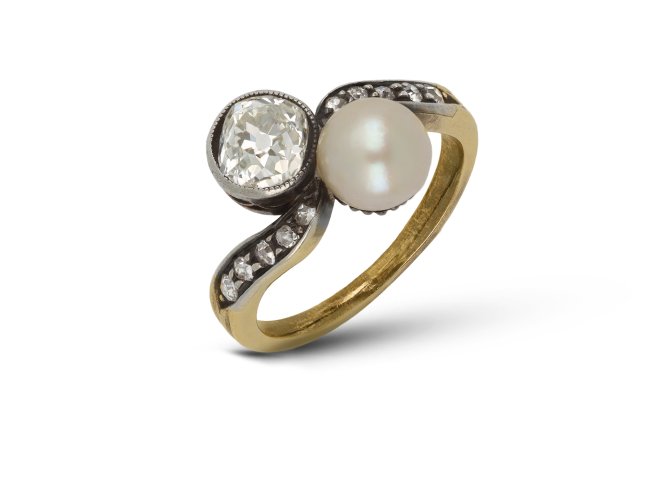 Antique diamond and pearl crossover ring, circa 1890.   