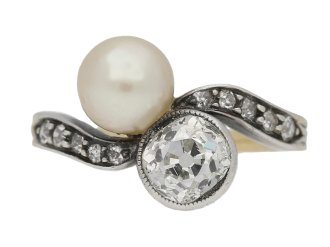 Antique diamond and pearl crossover ring, circa 1890.   