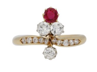 front view Edwardian ruby and diamond ring, circa 1905. berganza hatton garden 