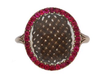 front view  Georgian hair and ruby memorial ring, English, circa 1760. berganza hatton garden