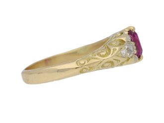 side view Fancy colour sapphire and diamond carved ring, circa 1900. berganza hatton garden 